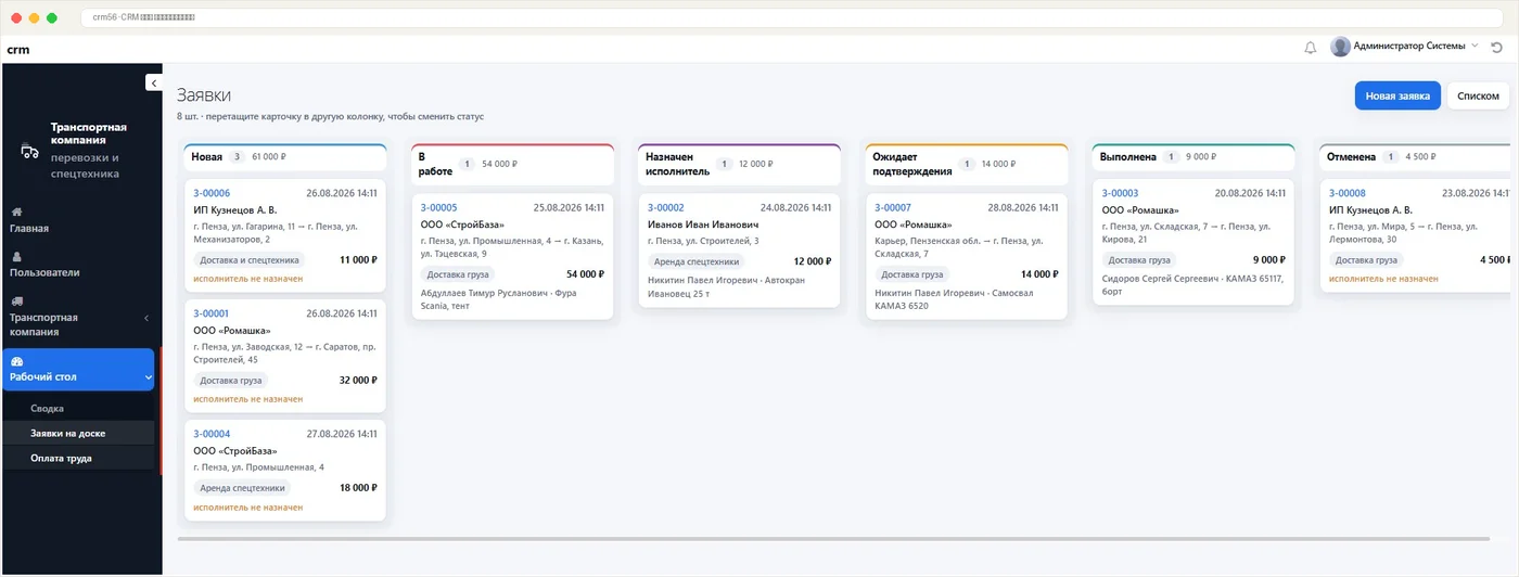Доска заявок транспортной CRM